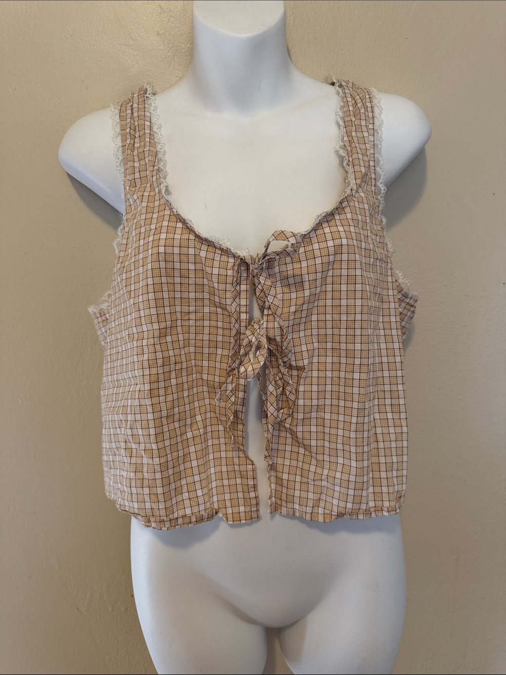 Beige Plaid Tie-Front Crop Tank Top - Women